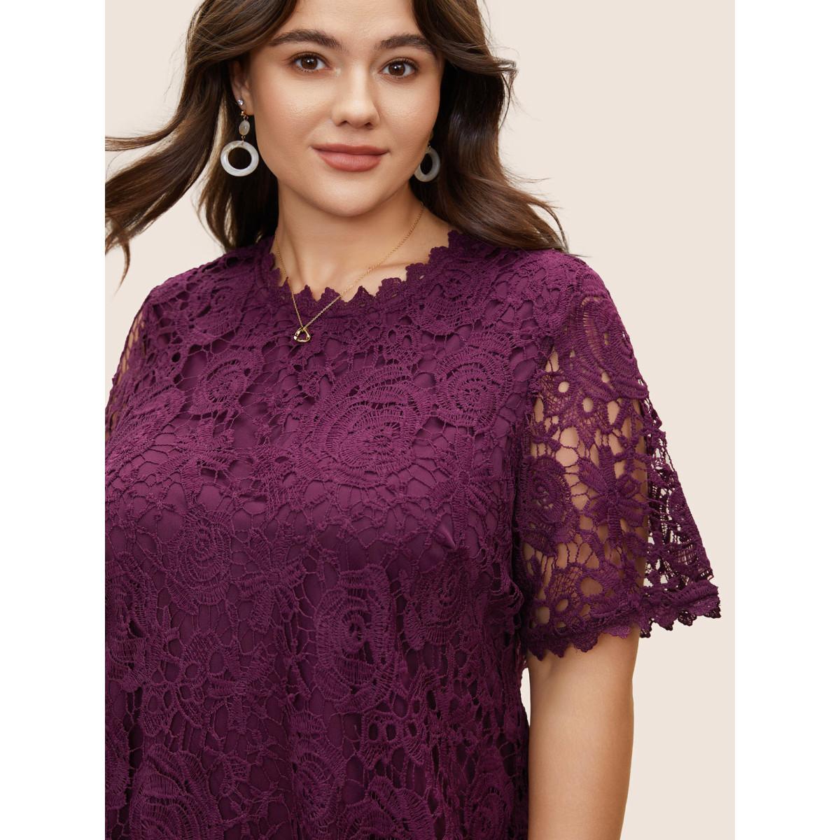 Plus Size Purple Lace Panel Patchwork Cut Out Blouse Women Elegant Half Sleeve Round Neck Everyday Blouses BloomChic 12/L Product Image