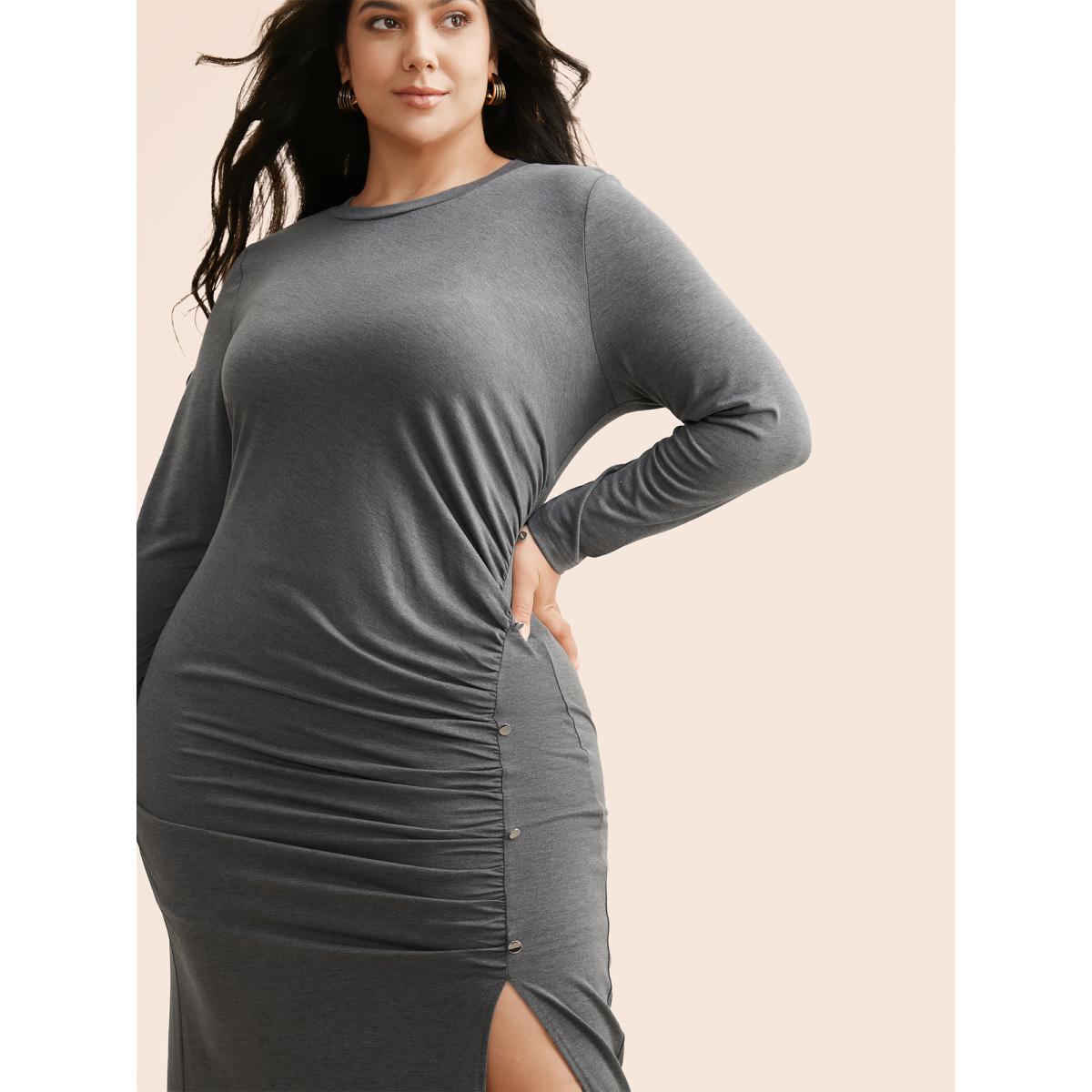 Plus Size Solid Ruched Split Hem Dress DimGray Women Elegant Gathered Round Neck Long Sleeve Curvy BloomChic 26/4X Product Image
