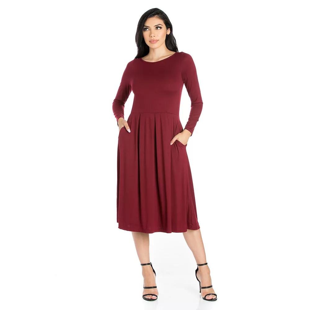 Women's 24Seven Comfort Apparel Long Sleeve Fit & Flare Dress with Pockets,  Product Image