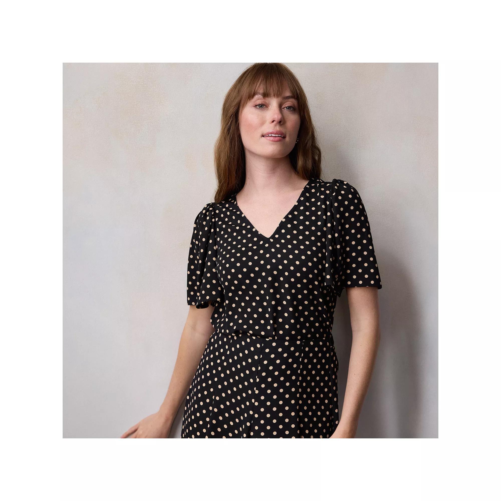 Women's LC Lauren Conrad Flutter Sleeve V-Neck Shirt, Size: Large, Black Clara Dot Product Image