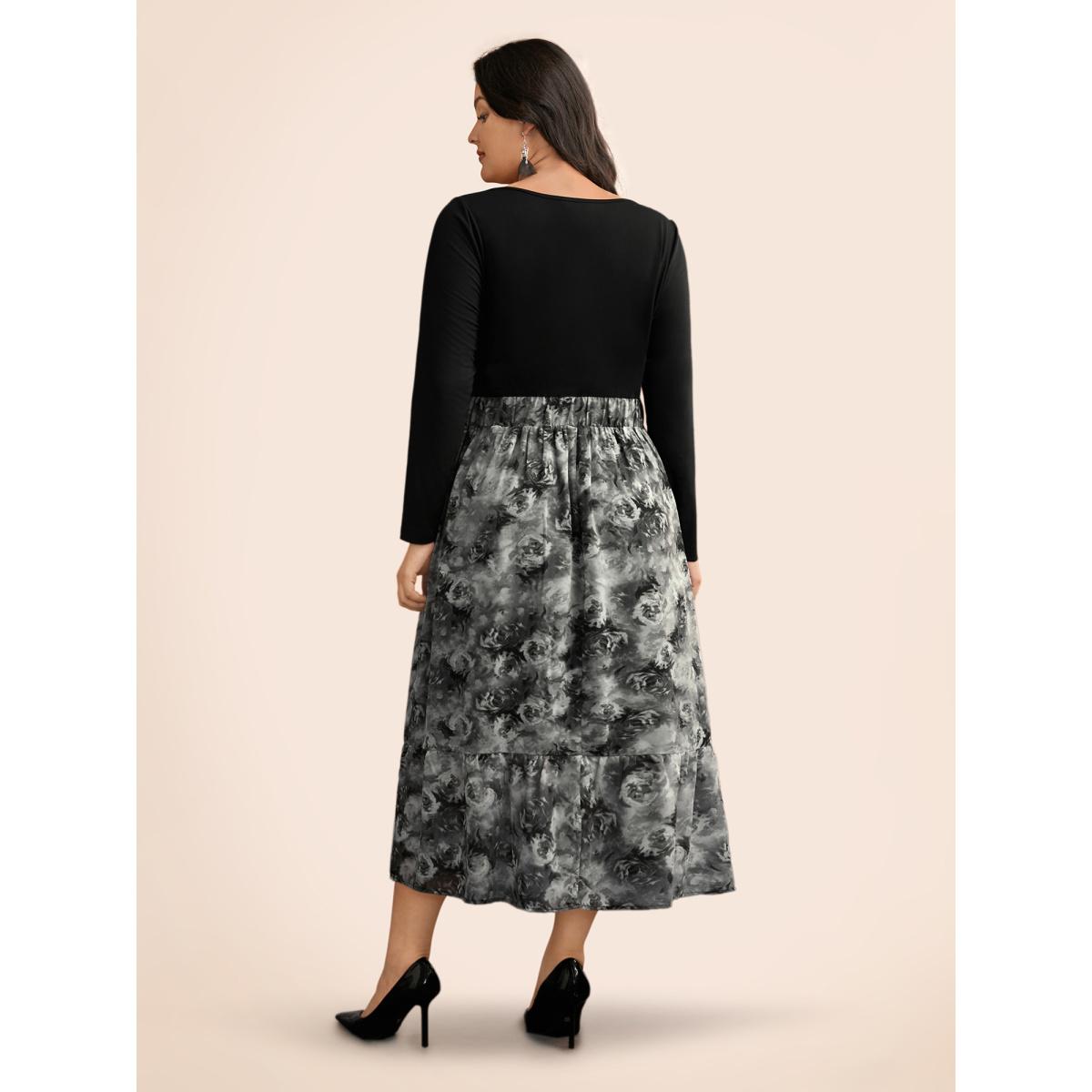 Plus Size Knitted Chiffon Blend Adjustable Waist Midi Dress Black Women Cocktail Patchwork Heart neckline Long Sleeve Curvy BloomChic 10/M Product Image