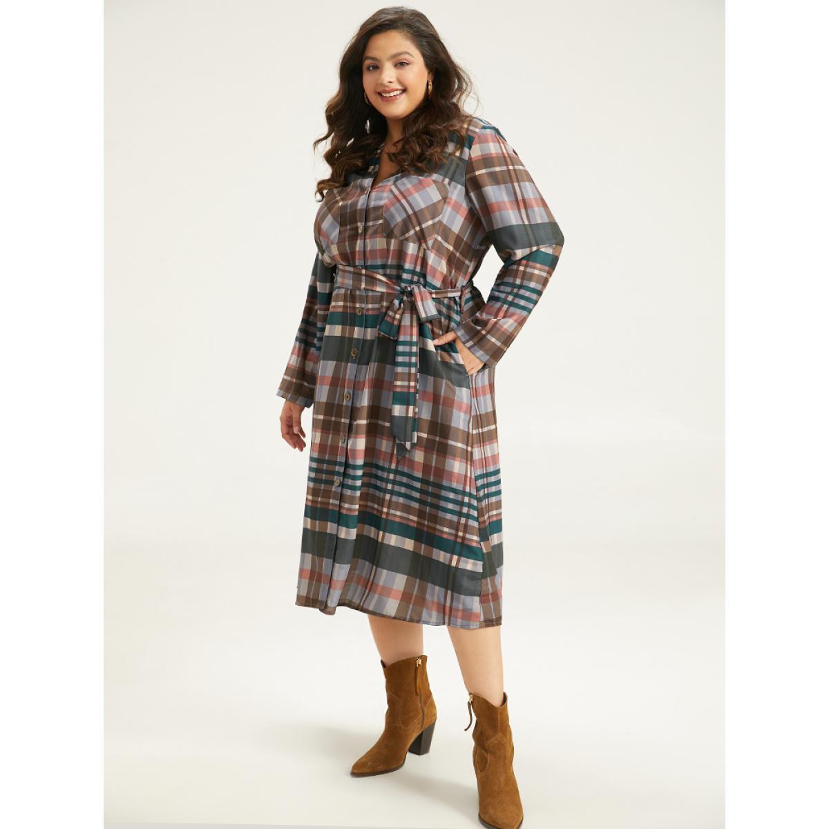 Plus Size Plaid Button Through Patched Pocket Dress Black Women Casual Belted Notched collar Long Sleeve Curvy Midi Dress BloomChic 12/L Product Image