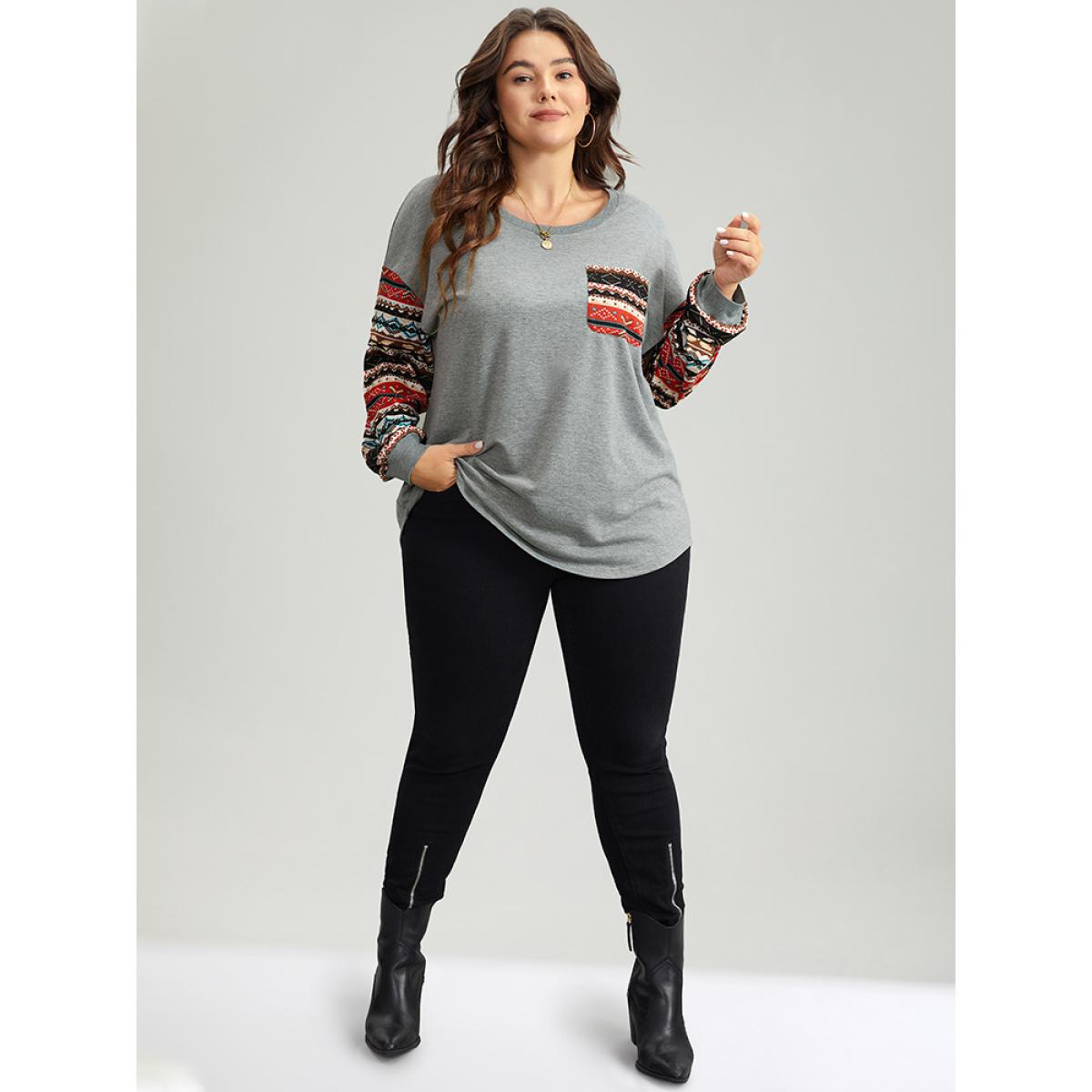 Plus Size Bandana Print Patchwork Patched Pocket Sweatshirt Women Gray Casual Elastic cuffs Round Neck Festival-Christmas Sweatshirts BloomChic 22-24/3X Product Image