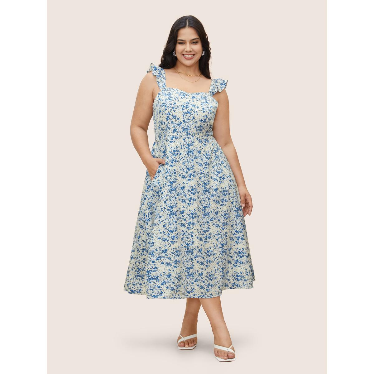 Plus Size Ditsy Floral Ruffle Trim Side Seam Pocket Dress White Women Elegant Ruffles Square Neck Sleeveless Curvy BloomChic 18-20/2X Product Image