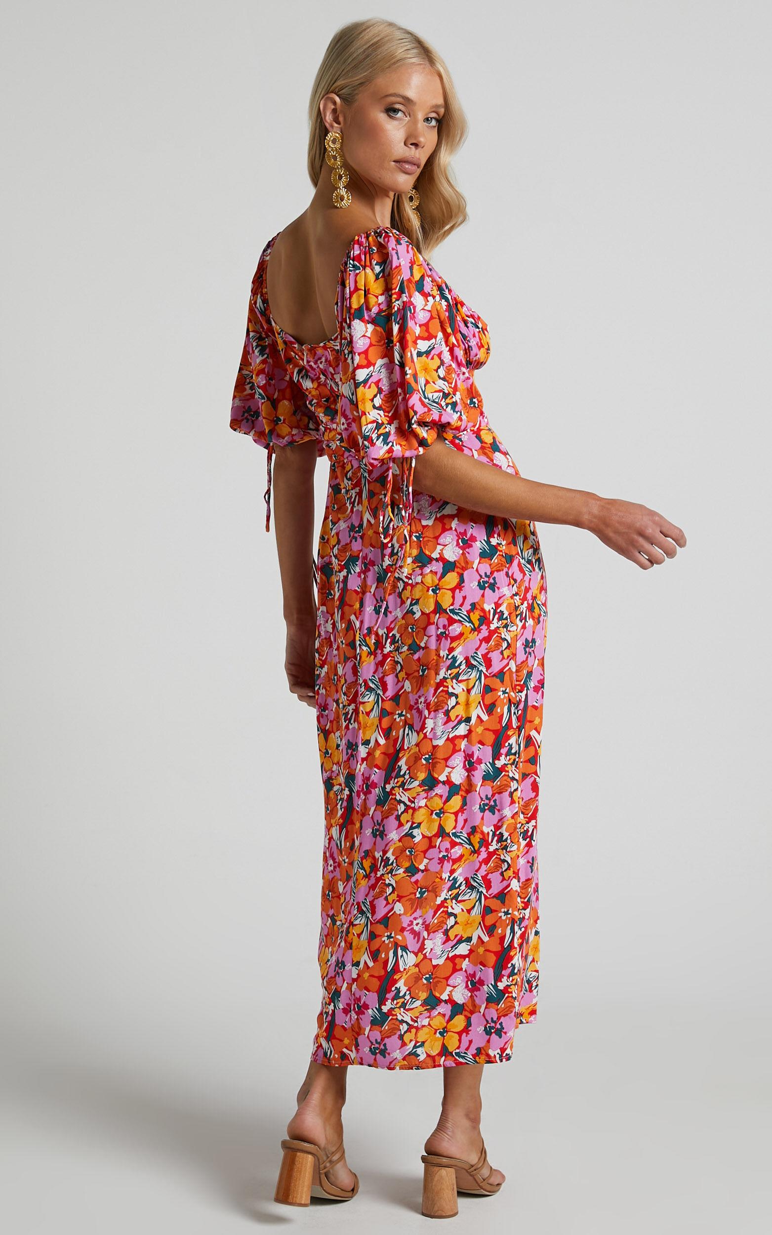 Rosario Midi Dress - Ruched Bust Puff Sleeve Dress in Spring Floral Product Image