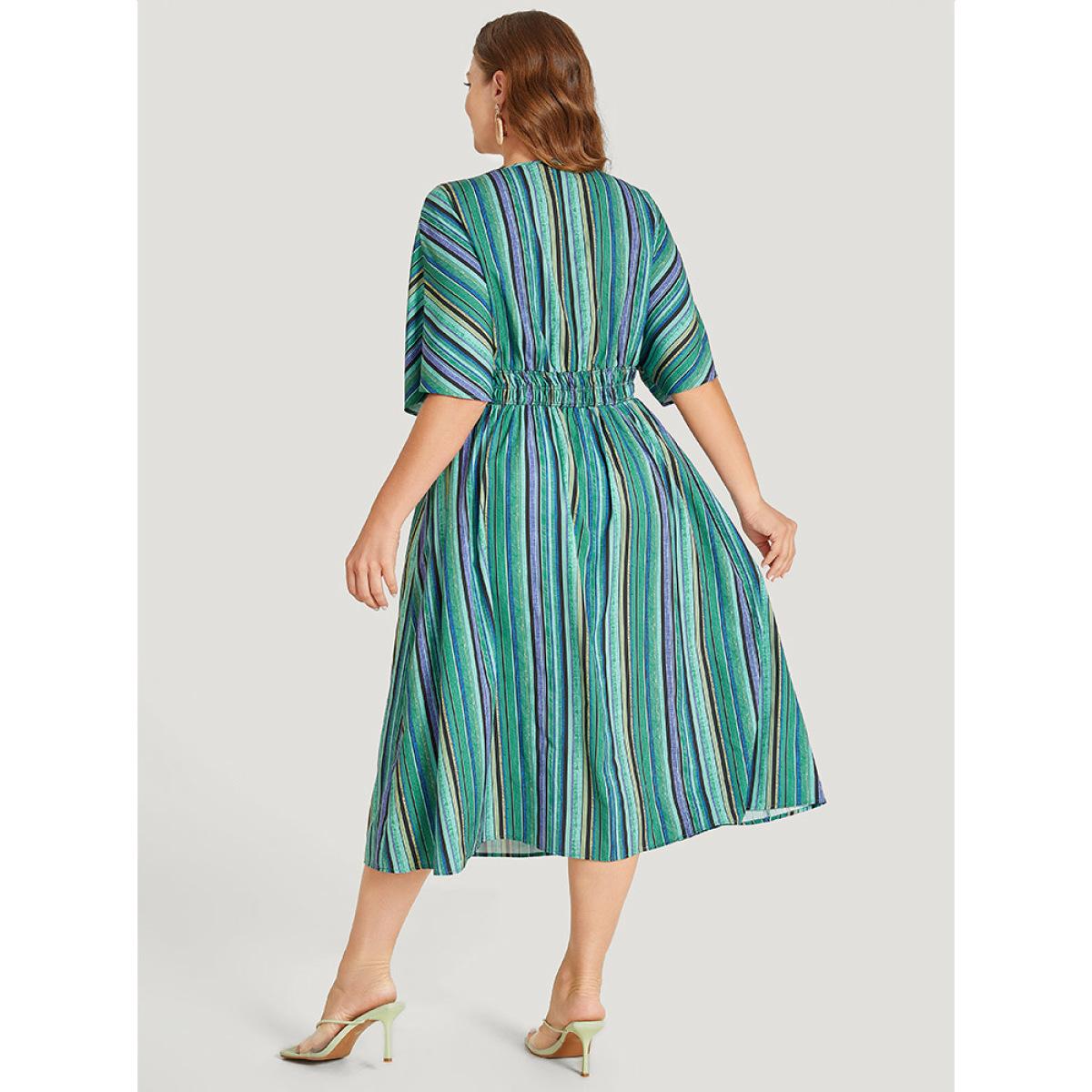 Plus Size Striped Contrast Pocket Knot Shirred Batwing Sleeve Dress Green Women Vacation Gathered V-neck Short sleeve Curvy Midi Dress BloomChic 10/M Product Image