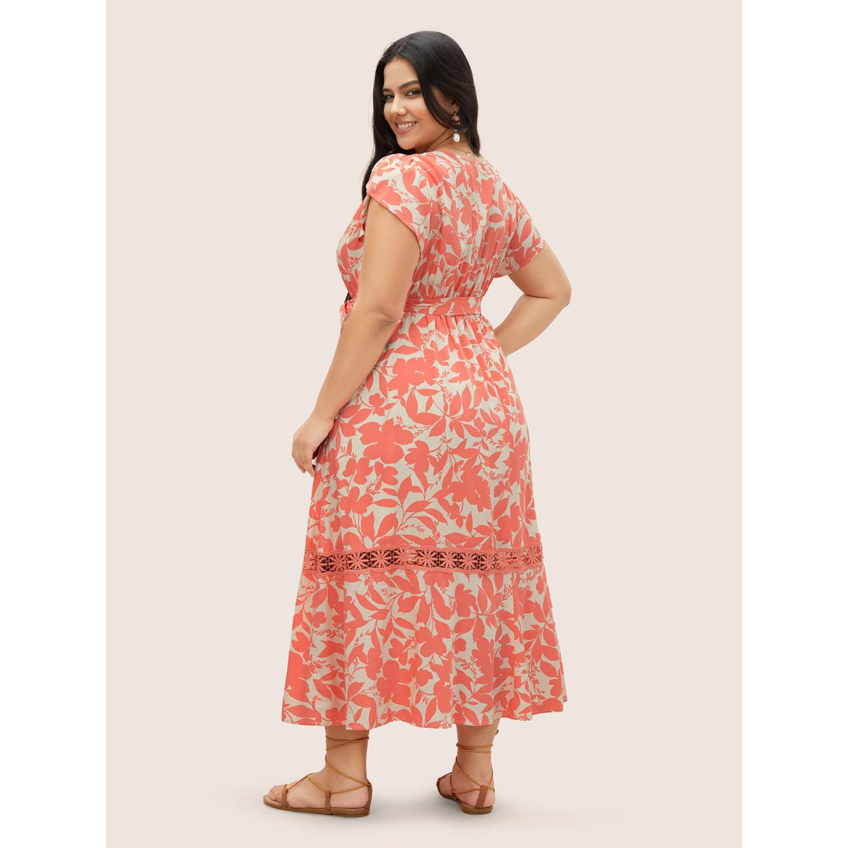 Plus Size Silhouette Floral Print Lace Trim Petal Sleeve Dress Salmon Women Resort Overlapping V-neck Cap Sleeve Curvy Midi Dress BloomChic 26/4X Product Image
