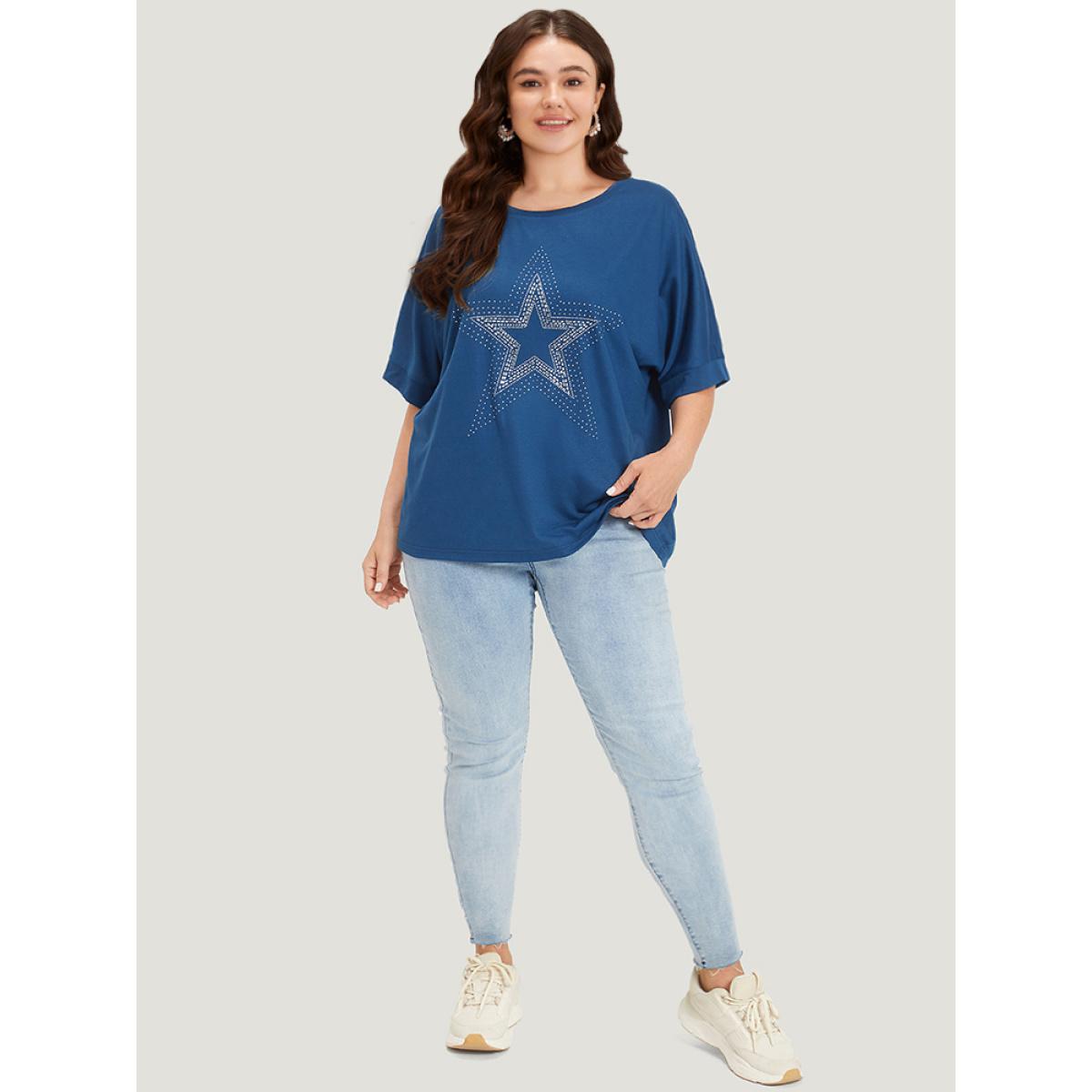 Plus Size Star Rhinestone Crew Neck Roll Batwing Sleeve T-shirt Indigo Women Casual Plain Star and moon Dailywear T-shirts BloomChic 10/M Product Image