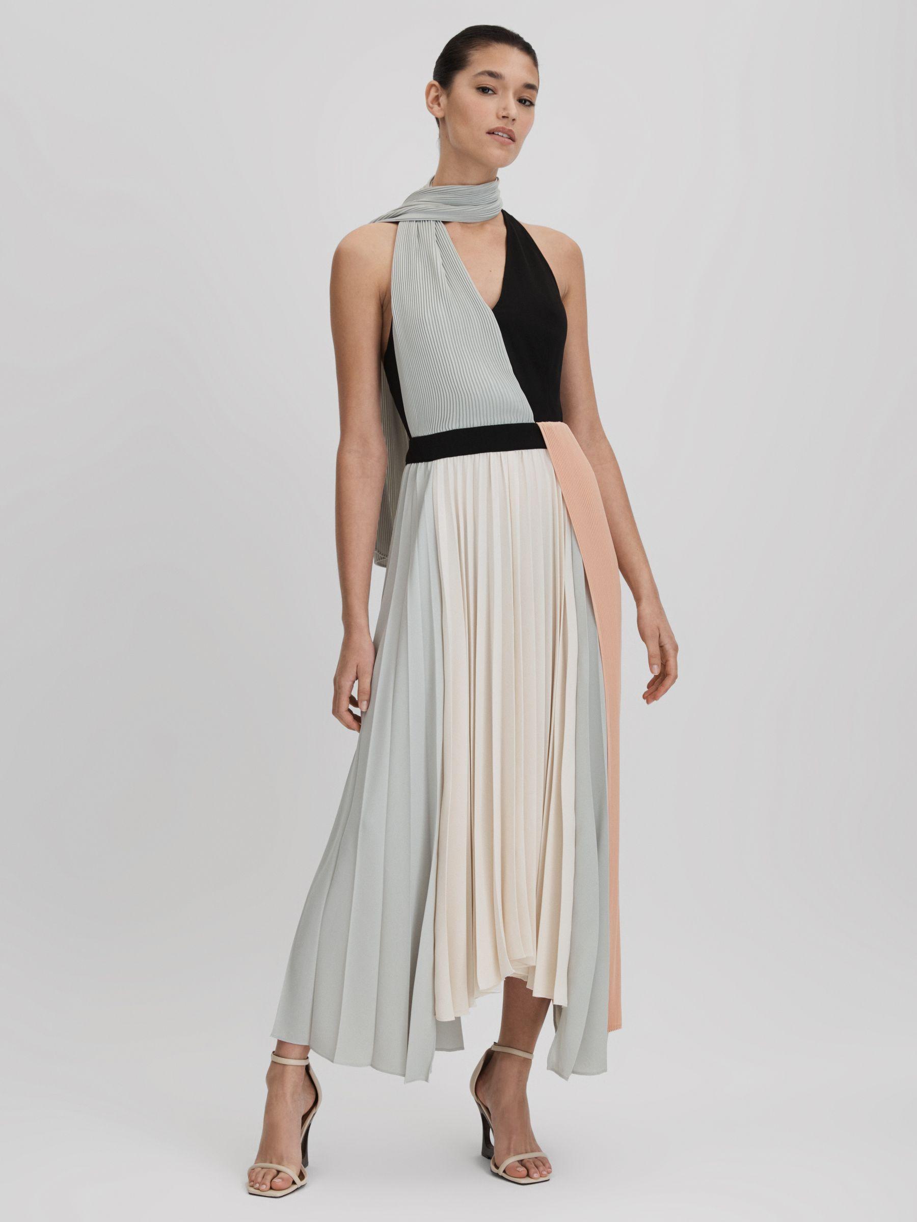 Pleated Asymmetric Midi Dress in Pink/Cream Product Image