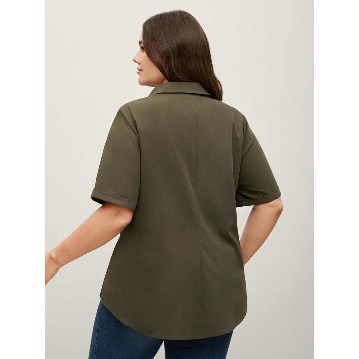 Plus Size ArmyGreen Knotted Front Asymmetrical Hem Blouse Women Office Short sleeve Shirt collar Office Blouses BloomChic 22-24/3X Product Image