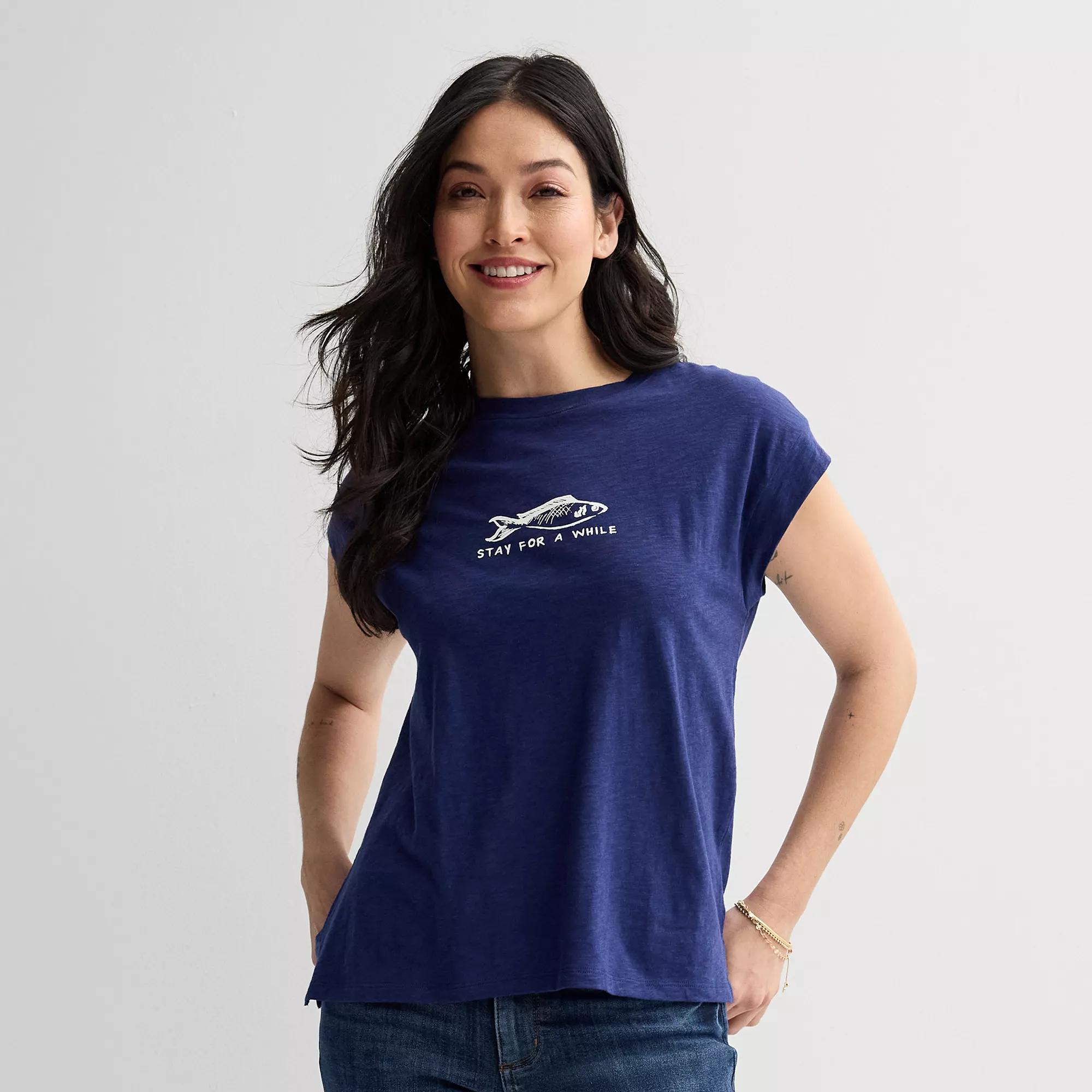 Women's Sonoma Goods For Life® Short Sleeve Muscle Top, Size: XL, Blue Sardine Graphic Product Image