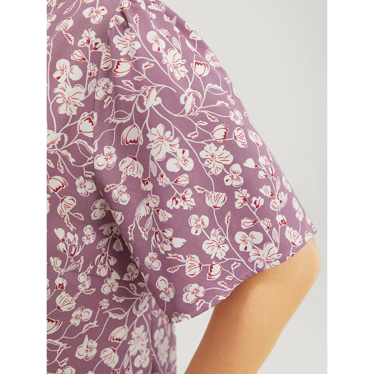 Plus Size Mauve Ditsy Floral Button Up Frill Trim Notched Blouse Women Elegant Short sleeve Notched collar Dailywear Blouses BloomChic 22-24/3X Product Image