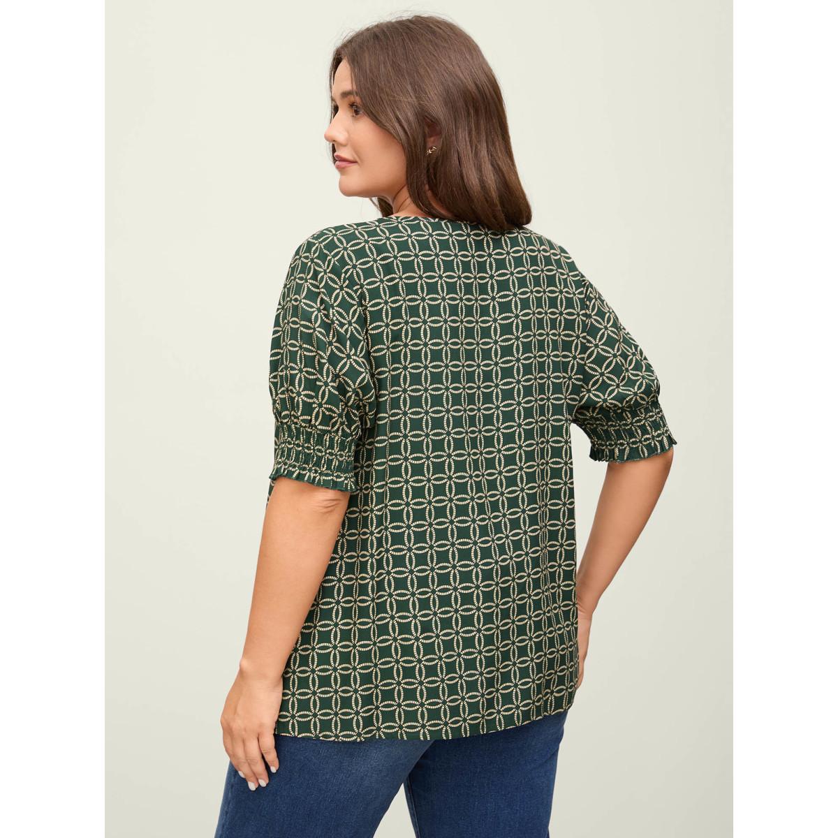Plus Size DarkGreen Floral Shirred Split Neckline Blouse Women Short sleeve Flat collar with V-notch Work Blouses BloomChic 26/4X Product Image