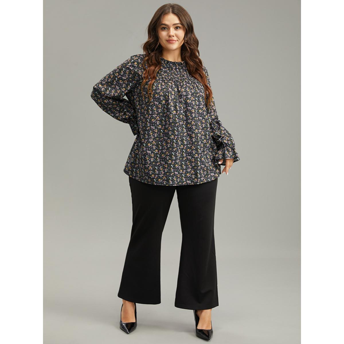 Plus Size Black Ditsy Floral Stand Collar Pleated Blouse Women Elegant Long Sleeve Stand-up collar Dailywear Blouses BloomChic 18-20/2X Product Image