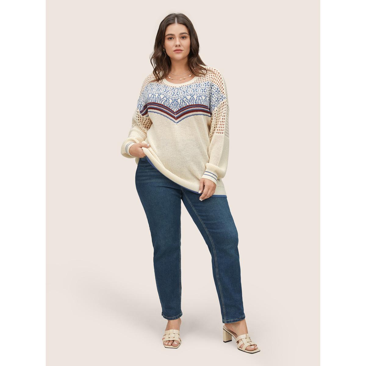 Plus Size Graphic Contrast Patchwork Hollow Out Pullover Beige Women Casual Long Sleeve Round Neck Everyday Pullovers BloomChic 12/L Product Image