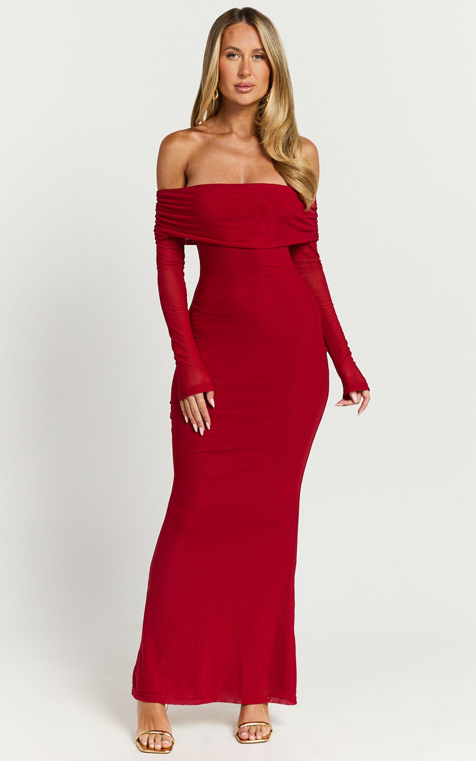 Bethanie Maxi Dress - Off The Shoulder Mesh Dress in Red Product Image