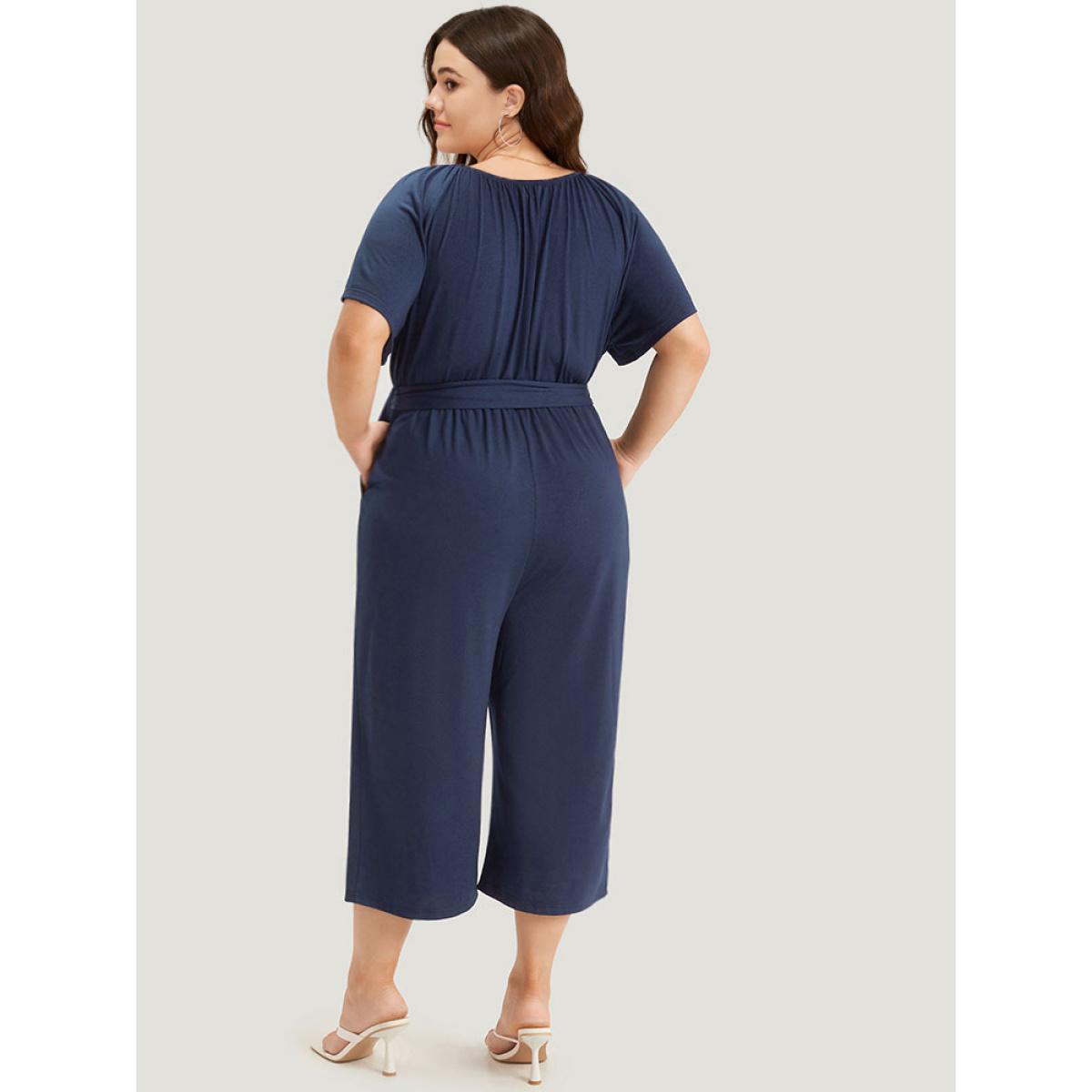 Plus Size DarkBlue Solid Button Up V Neck Belted Gathered Flutter Sleeve Jumpsuit Women Elegant Short sleeve V-neck Dailywear Loose Jumpsuits BloomChic 10/M Product Image