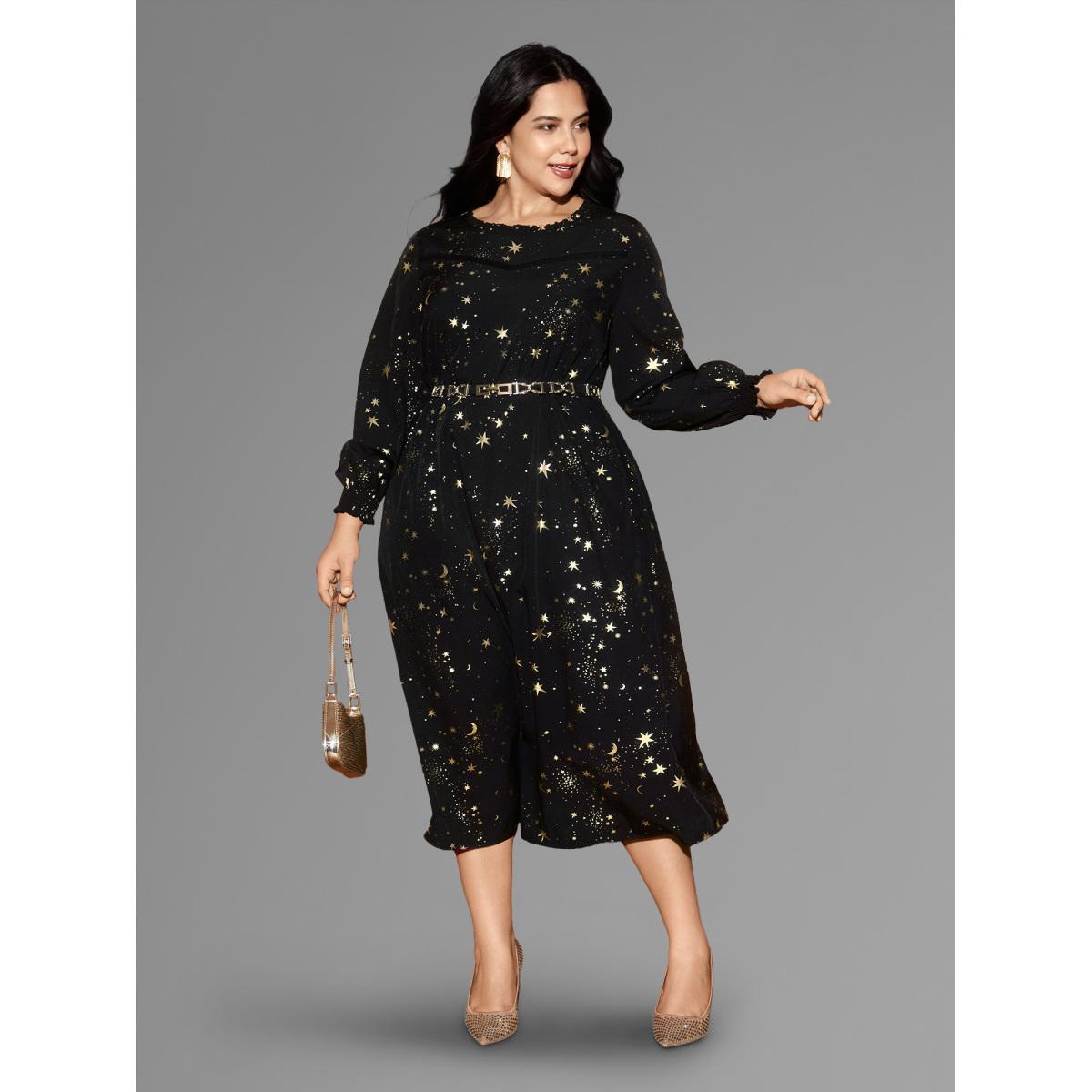 Plus Size Star Printed Lace Neckline Midi Dress Black Women Cocktail Frill Trim Party Curvy Bloomchic 10/M Product Image