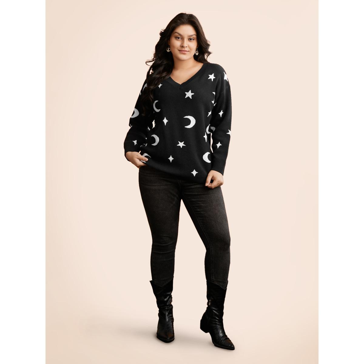 Plus Size Supersoft Essentials Celestial Jacquard V-Neck Pullover Black Women Leisure Long Sleeve V-neck Casual Pullovers BloomChic 12/L Product Image