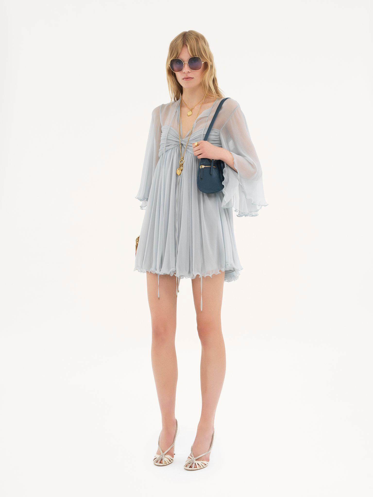 Pleated mini dress in silk mousseline Product Image