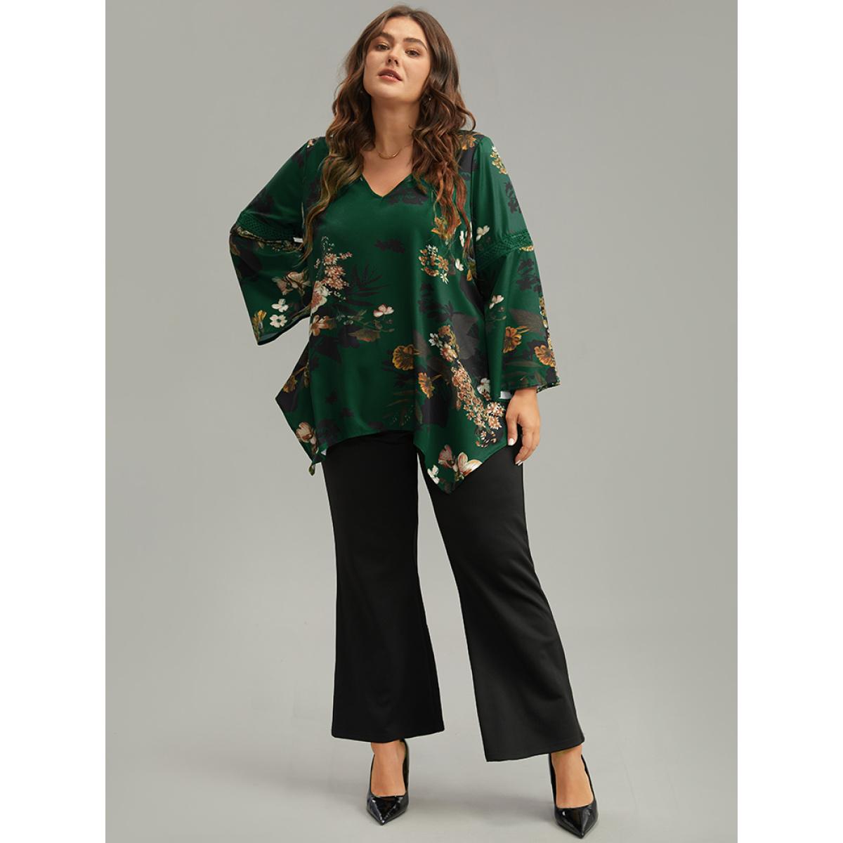 Plus Size DarkGreen Floral Lace Panel V Neck Hanky Hem Blouse Women Elegant Long Sleeve V-neck Dailywear Blouses BloomChic 14-16/1X Product Image