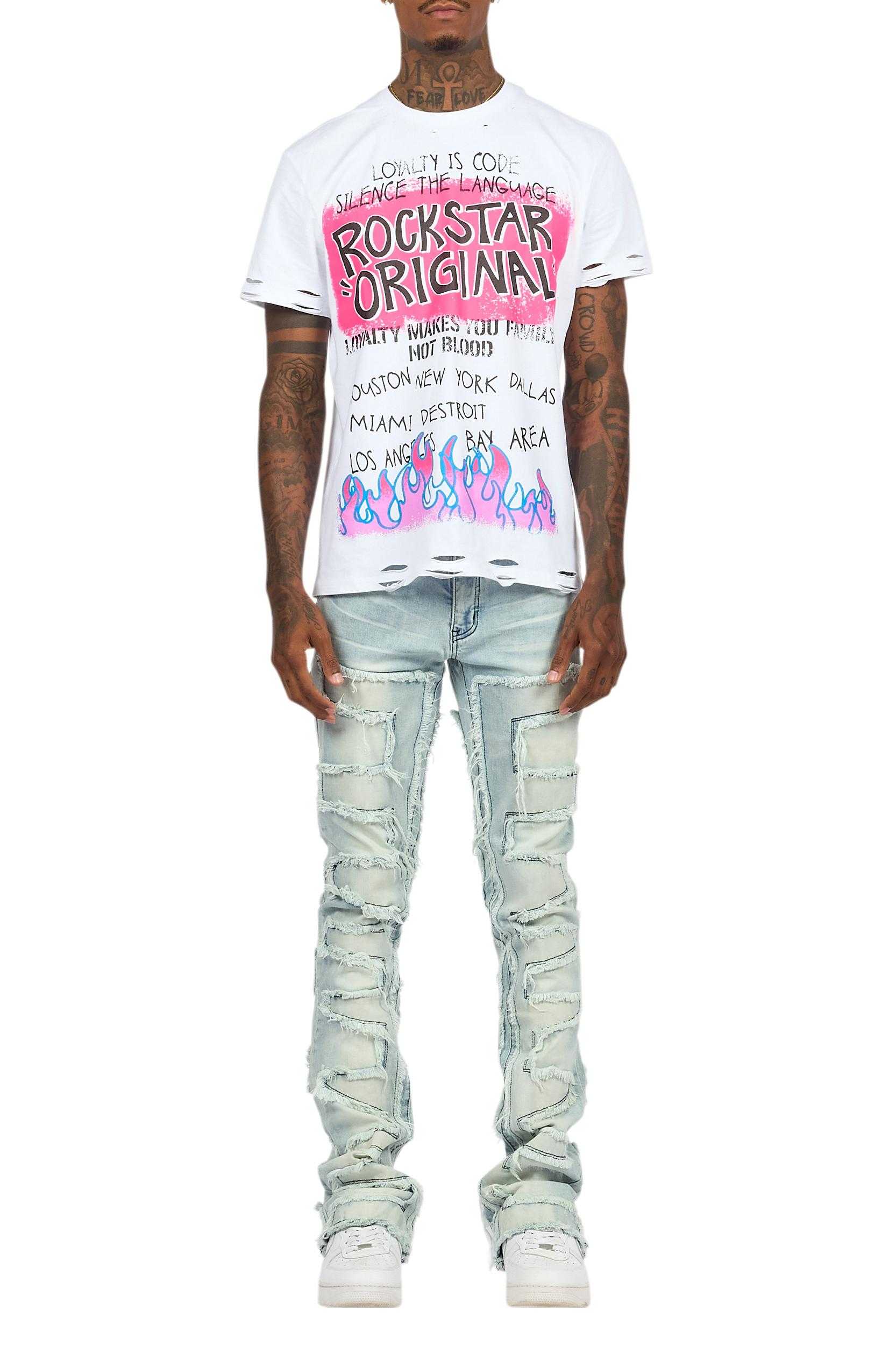 Beno White T-Shirt & Shake Blue Stacked Flare Jean Bundle Male Product Image