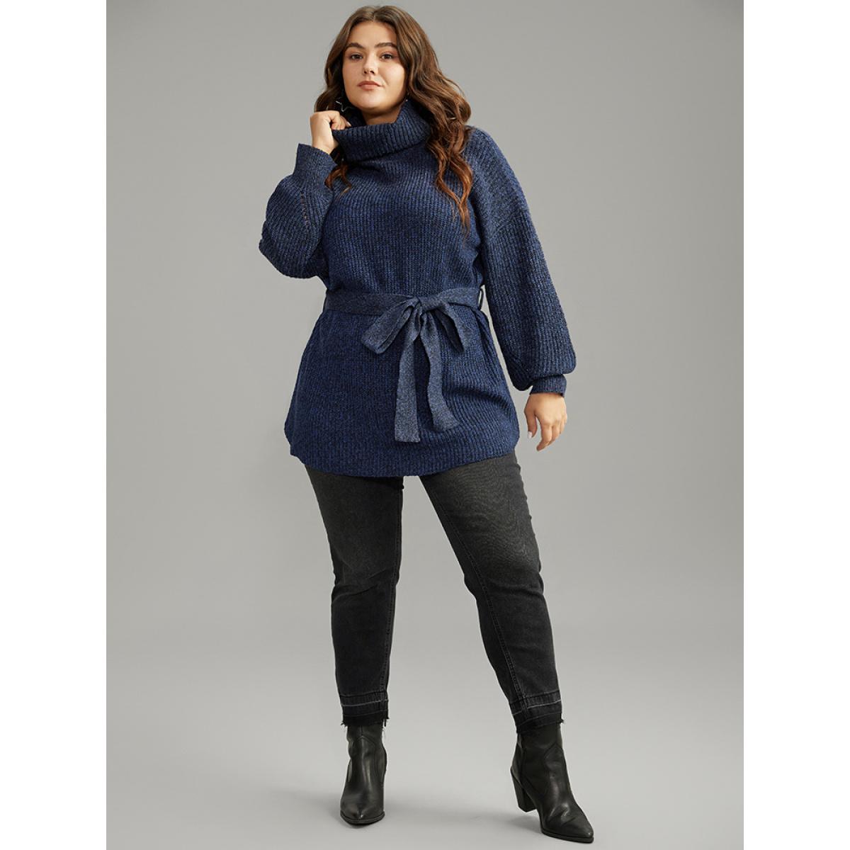 Plus Size Turtle Neck Belted Drop Shoulder Pullover Navy Women Casual Loose Long Sleeve Lapel Collar Dailywear Pullovers BloomChic 10/M Product Image