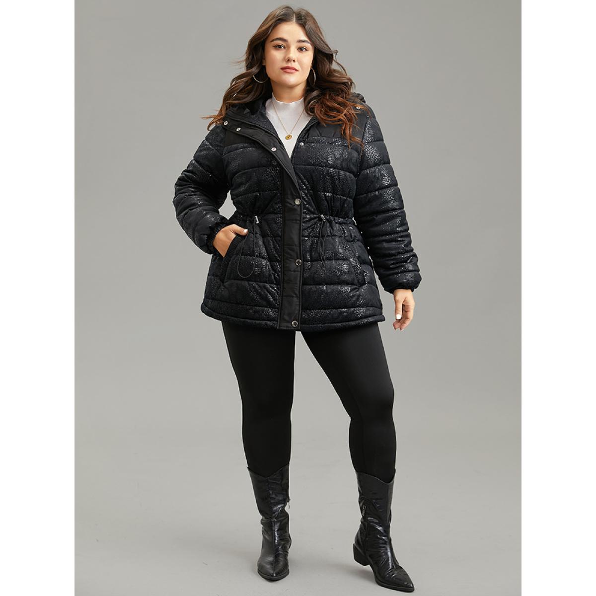 Plus Size Patchwork Drawstring Button Up Glitter Padded Jacket Women Black Lined Pocket Dailywear Jackets BloomChic 30/6X Product Image