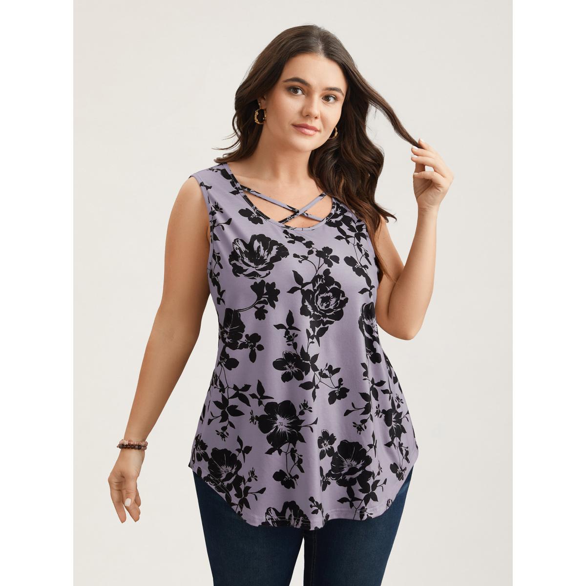 Plus Size Rosy Print Neck-Tie Fitted Vest Women Multicolor Romantic Contrast U-neck Elegant Tank Tops Camis BloomChic 18-20/2X Product Image