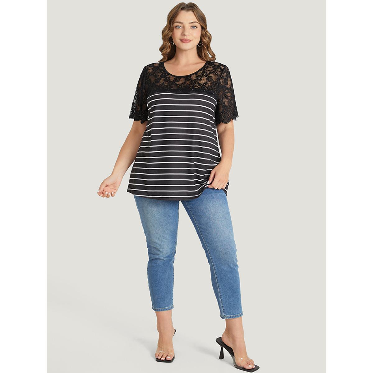 Plus Size Striped Patchwork Lace Scalloped Trim T-shirt Black Women Elegant Contrast Striped Round Neck Dailywear T-shirts BloomChic 26/4X Product Image