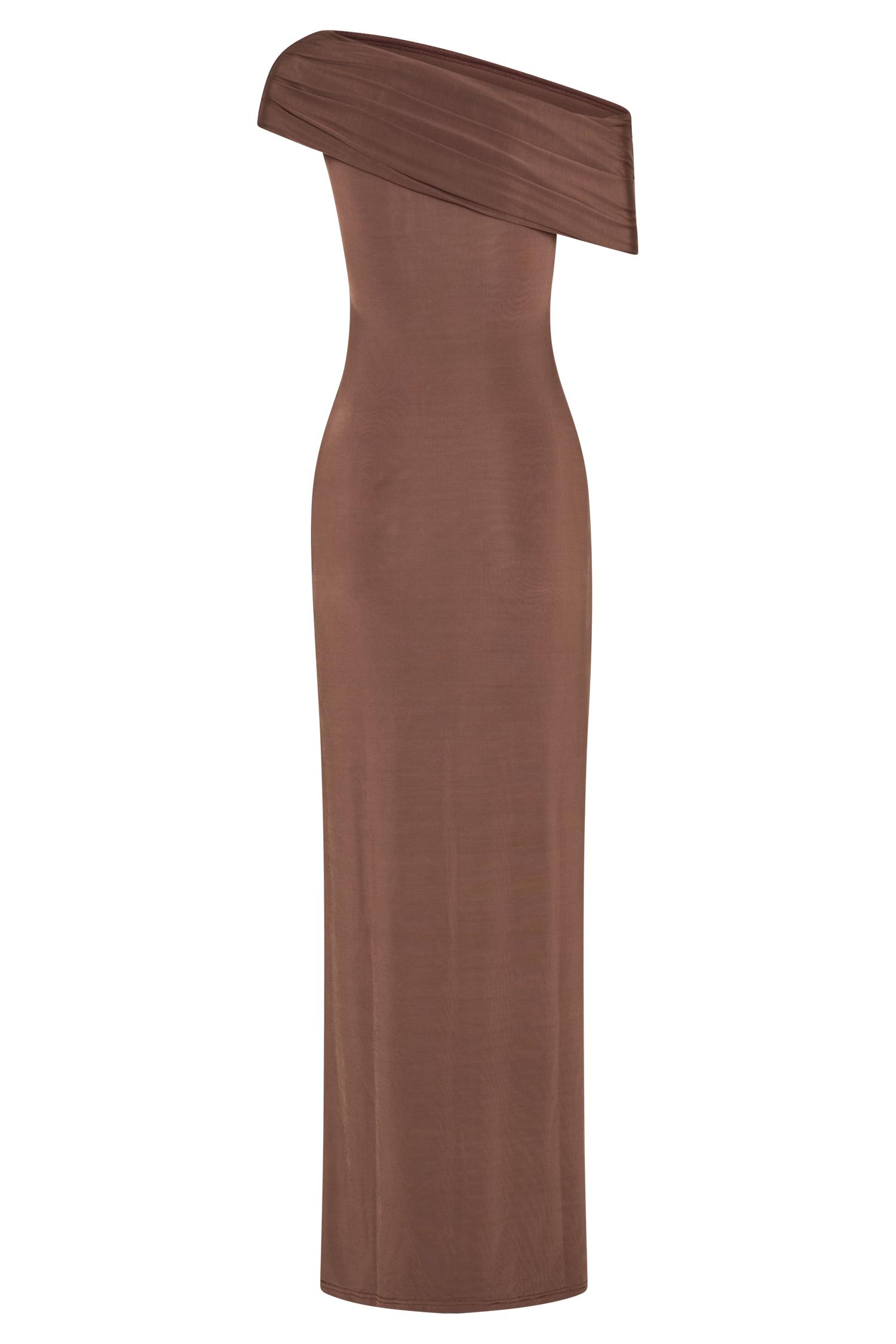 Cassandra Off Shoulder Slinky Maxi Dress - Chocolate Product Image