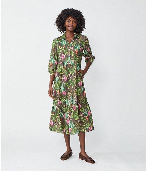 J.McLaughlin Tybee Floral Print Point Collar 3/4 Sleeve Midi Dress Product Image