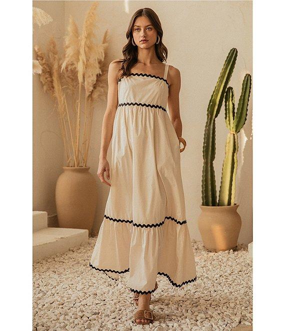 Skies Are Blue Woven Poplin Square Neck Ric Rac Trim Sleeveless Tiered Maxi Dress Product Image