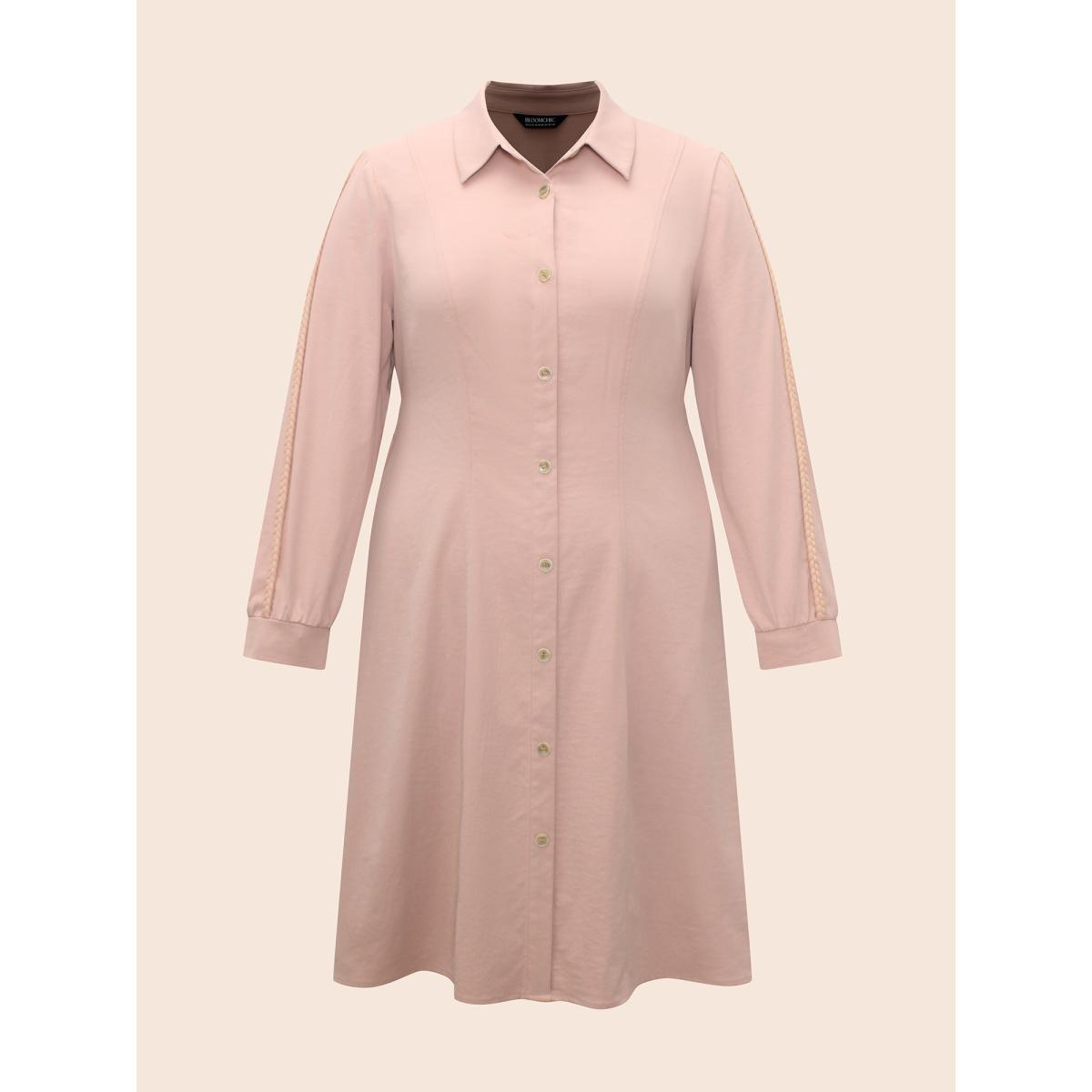 Plus Size Shirt Collar Shirred Woven Ribbon Dress Crepe Women Elegant Woven ribbon&lace trim Shirt collar Long Sleeve Curvy BloomChic 12/L Product Image