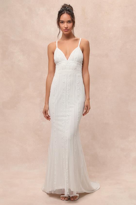 Stunning Vow White Beaded Sequin Maxi Dress Product Image