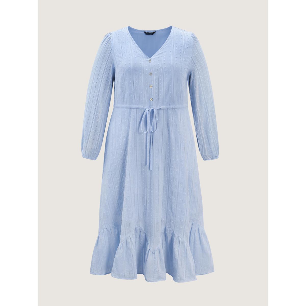 Plus Size Cotton Striped Waist-Drawstring Tiered Midi Dress Skyblue Women Resort Round Neck Long Sleeve Curvy BloomChic 18-20/2X Product Image