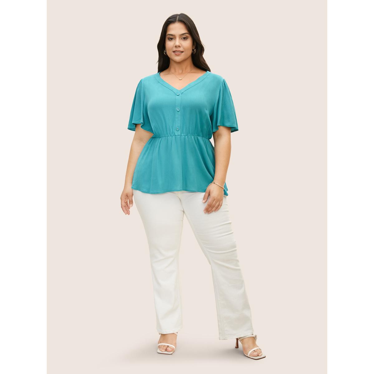 Plus Size Teal Rayon Button Detail Ruffle Sleeve Blouse Women Elegant Short sleeve V-neck Everyday Blouses BloomChic 12/L Product Image