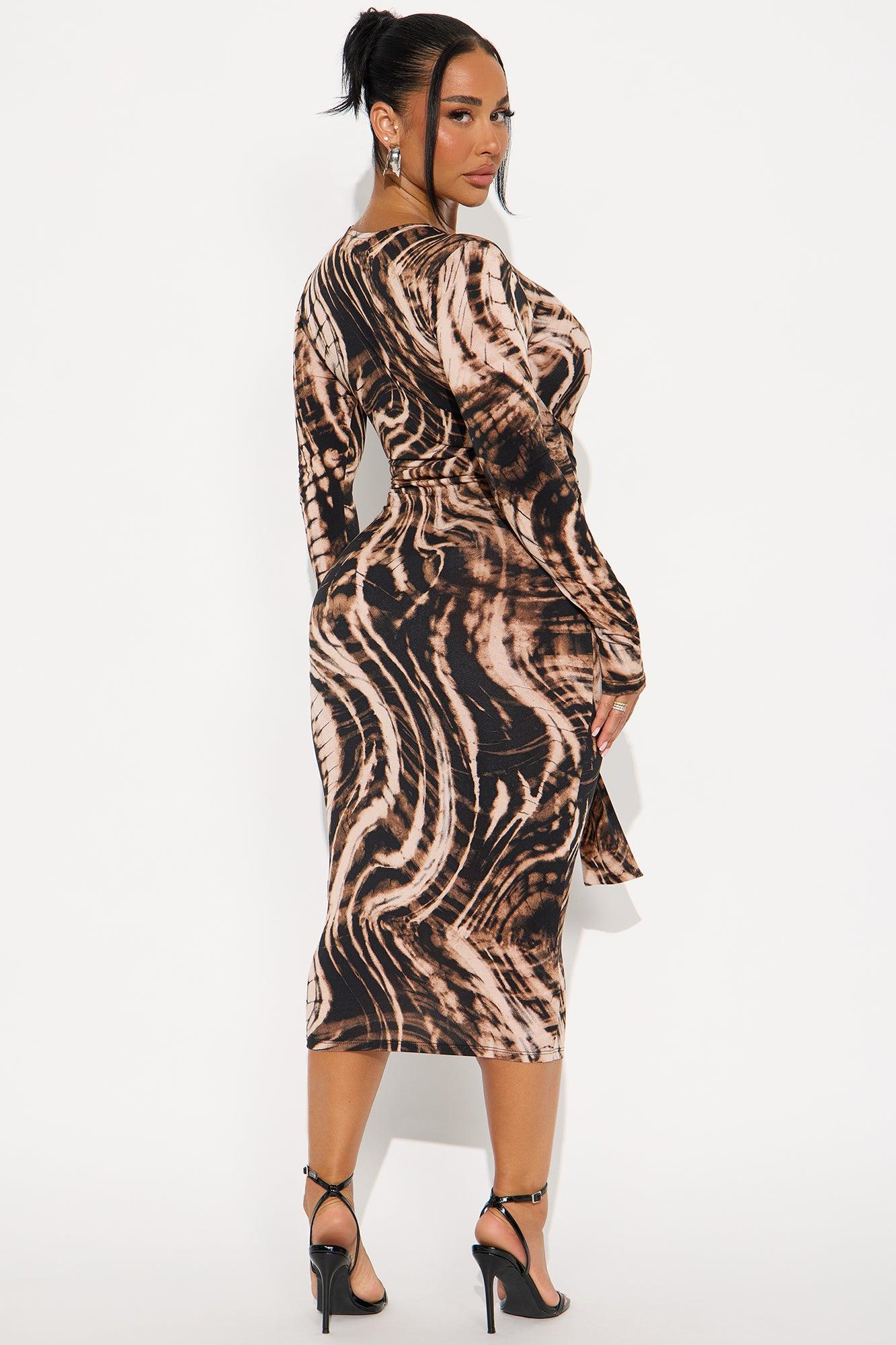 Lizzy Printed Long Sleeve Midi Dress - Brown/combo Female Product Image