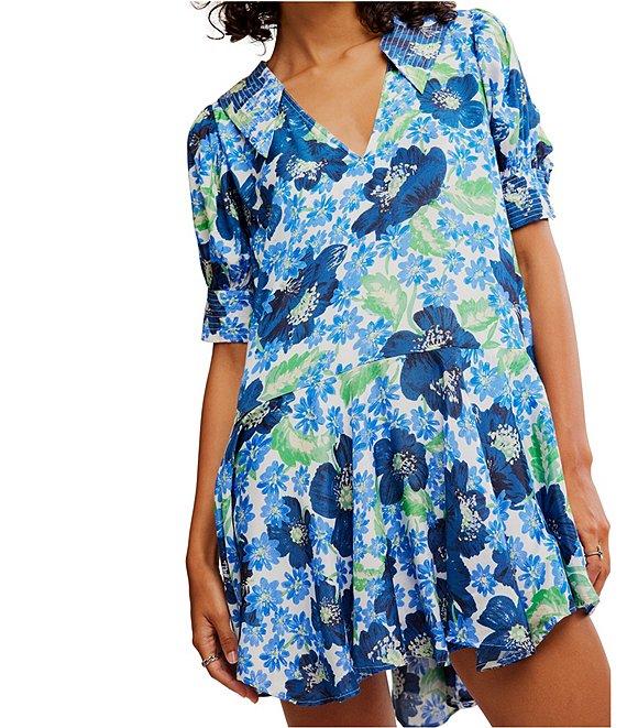 Free People Moon Chaser Floral Printed V-Neck Short Sleeve Mini Babydoll Dress Product Image