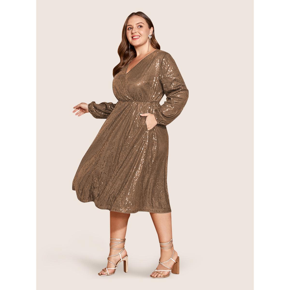 Plus Size Solid Pocket Lantern Sleeve Wrap Sequin Dress Bronze Women Party&Cocktail Pocket Overlap Collar Long Sleeve Curvy Midi Dress BloomChic 12/L Product Image