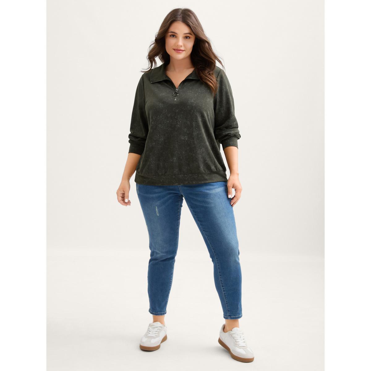 Plus Size Snow Wash Effect Half-Zipper Sweatshirt Women ArmyGreen Non Loose Stand-up collar Casual Sweatshirts BloomChic 10/M Product Image