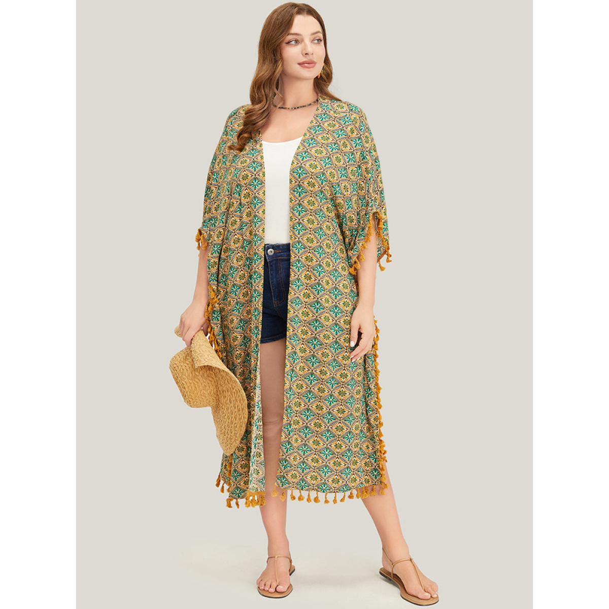 Plus Size Bandana Batwing Sleeve Tassels Trim Split Open Front Kimono Women Mint Vacation Loose Belt Dailywear Kimonos BloomChic 22-24/3X Product Image
