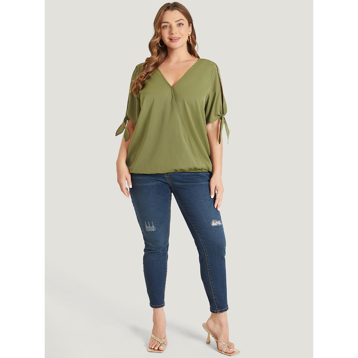 Plus Size ArmyGreen Plain Wrap Cut Out Knot Sleeve Blouse Women Office Short sleeve V-neck Dailywear Blouses BloomChic 30/6X Product Image
