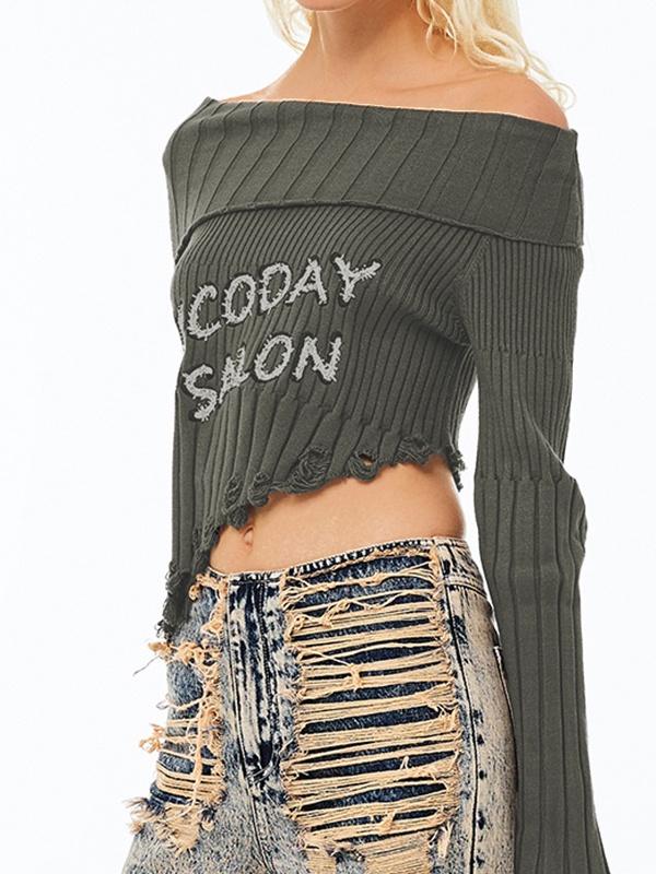 Off Shoulder Print Irregular Hem Sweater Product Image