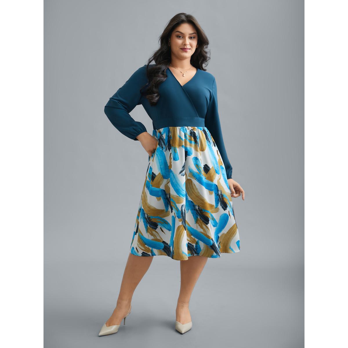Plus Size Brush Stroke Print Contrast Spliced Dress Aegean Women Elegant Patchwork Overlap Collar Long Sleeve Curvy BloomChic 22-24/3X Product Image