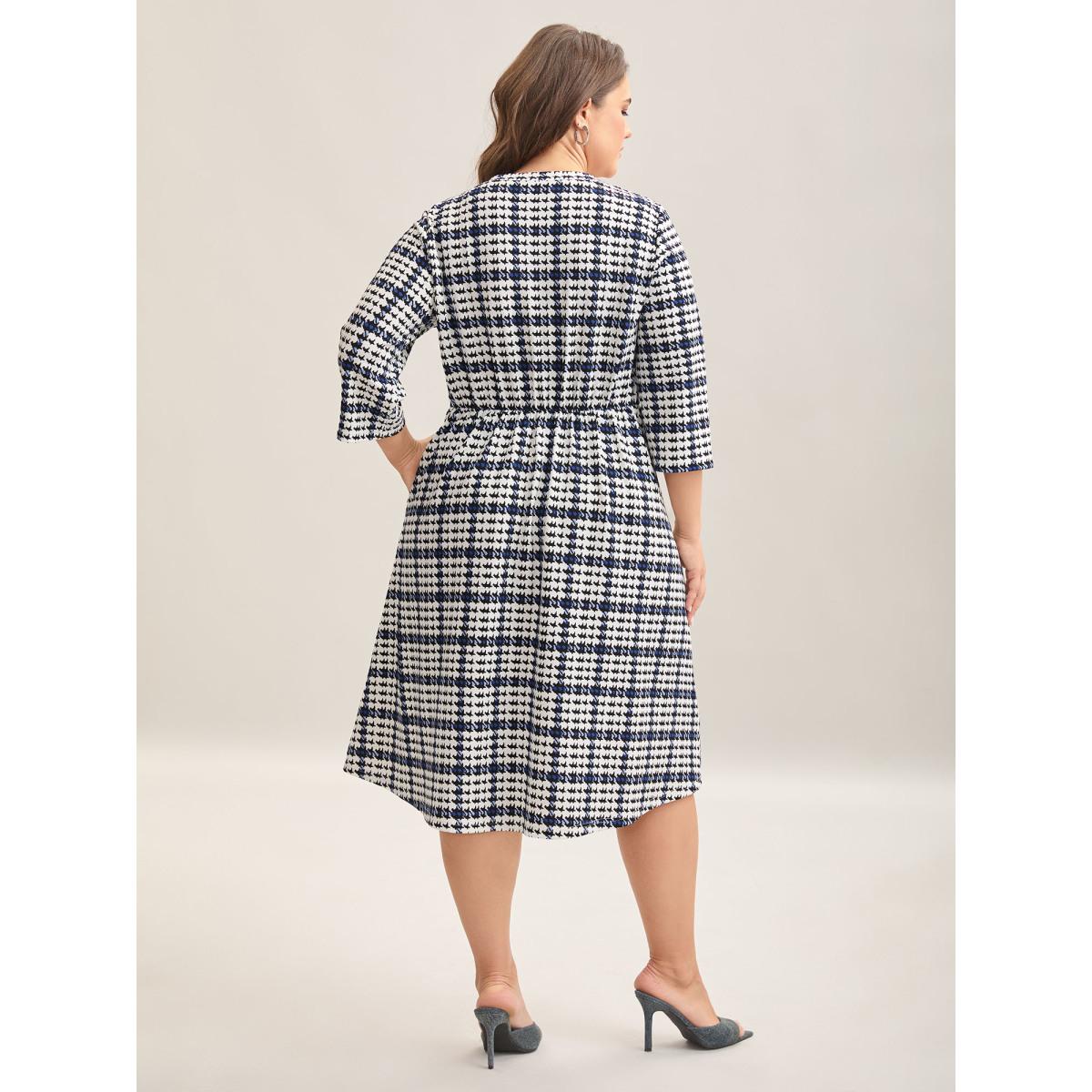 Plus Size Houndstooth Print Waist-Cinched Patchwork Midi Dress Mediumblue Women At the Office Patchwork Knit Dresses Bloomchic 22-24/3X Product Image