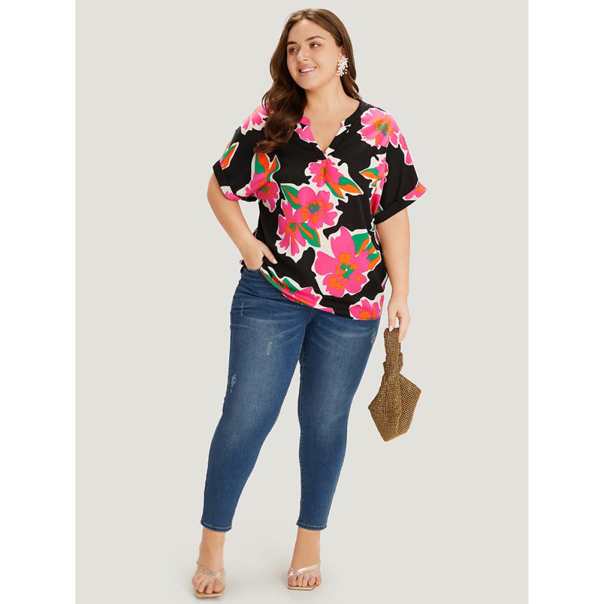 Plus Size Multicolor Floral Print Notched Roll Dolman Sleeve Blouse Women Glamour Short sleeve Notched collar Going out Blouses BloomChic 10/M Product Image