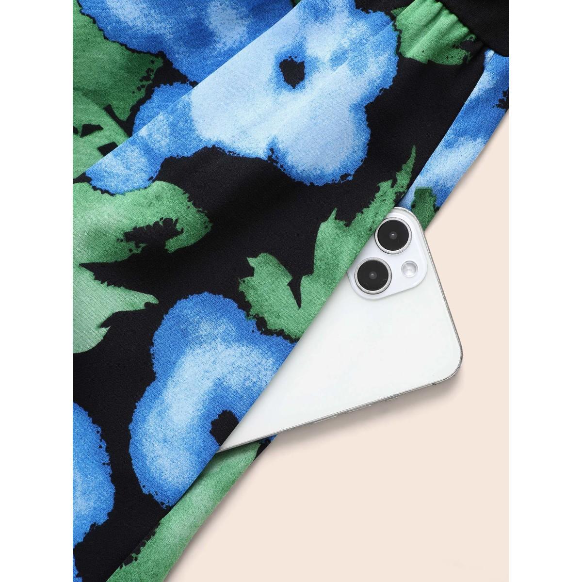 Plus Size Round Neck Floral Patchwork Belted Dress Black Women Elegant Belted Round Neck Elbow-length sleeve Curvy BloomChic 12/L Product Image