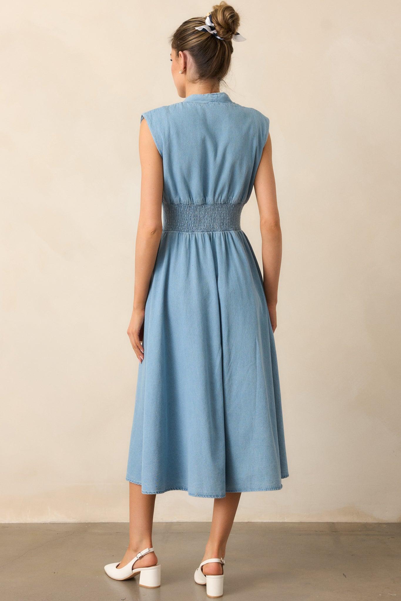 The Evette Light Wash Denim Zip Front Midi Dress Product Image