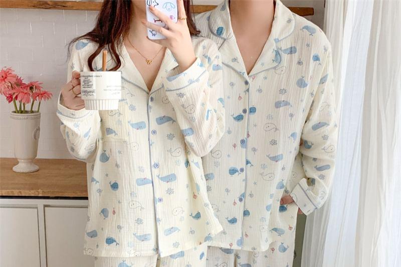 Couple Matching Pajama Set: Long-Sleeve Whale Print Top + Pants Product Image